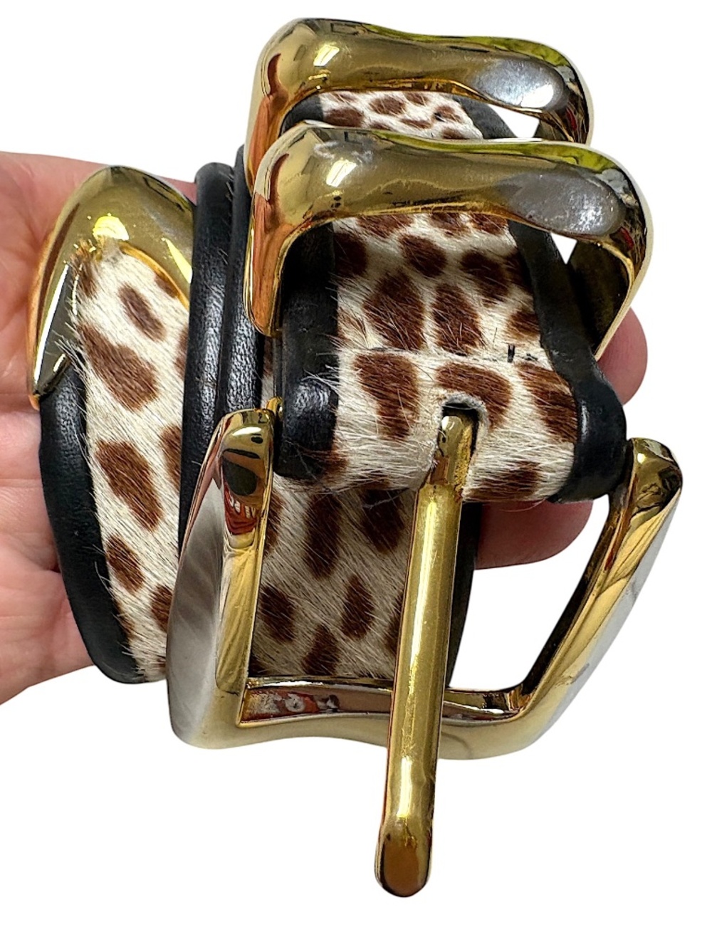 St Maarten Dallas belt XS/S pony hair leather leopard print large brass buckle
